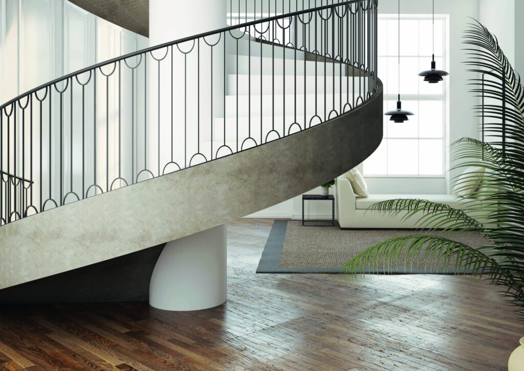 escalera de caracol color blanco en casa moderna