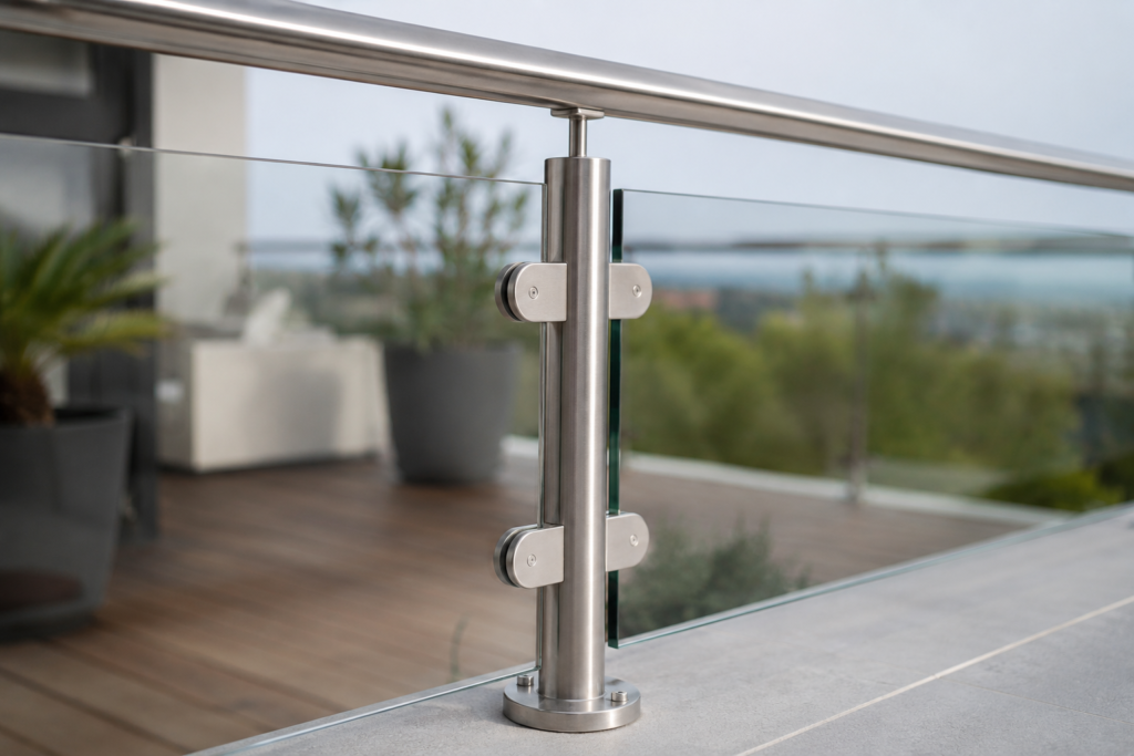 Detalle de pasamanos, poste y fijaciones de acero inoxidable para exterior